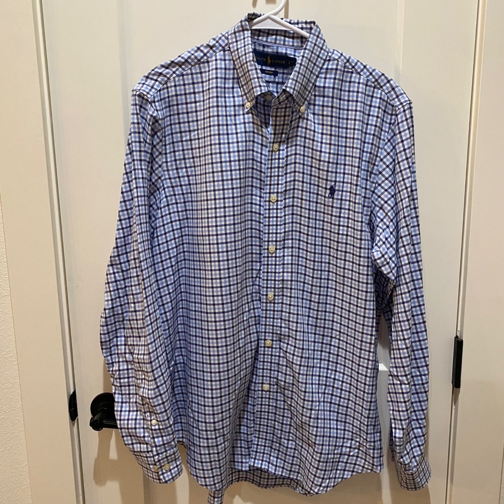 Ralph Lauren Mens Slim Fit Non-Iron Gingham Button Down Shirt Blue White Large